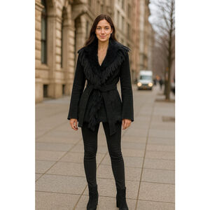 Vintage Raffaelo 70s Black Suede Fur Trim Jacket XS Boho Penny Lane Afghan Belt